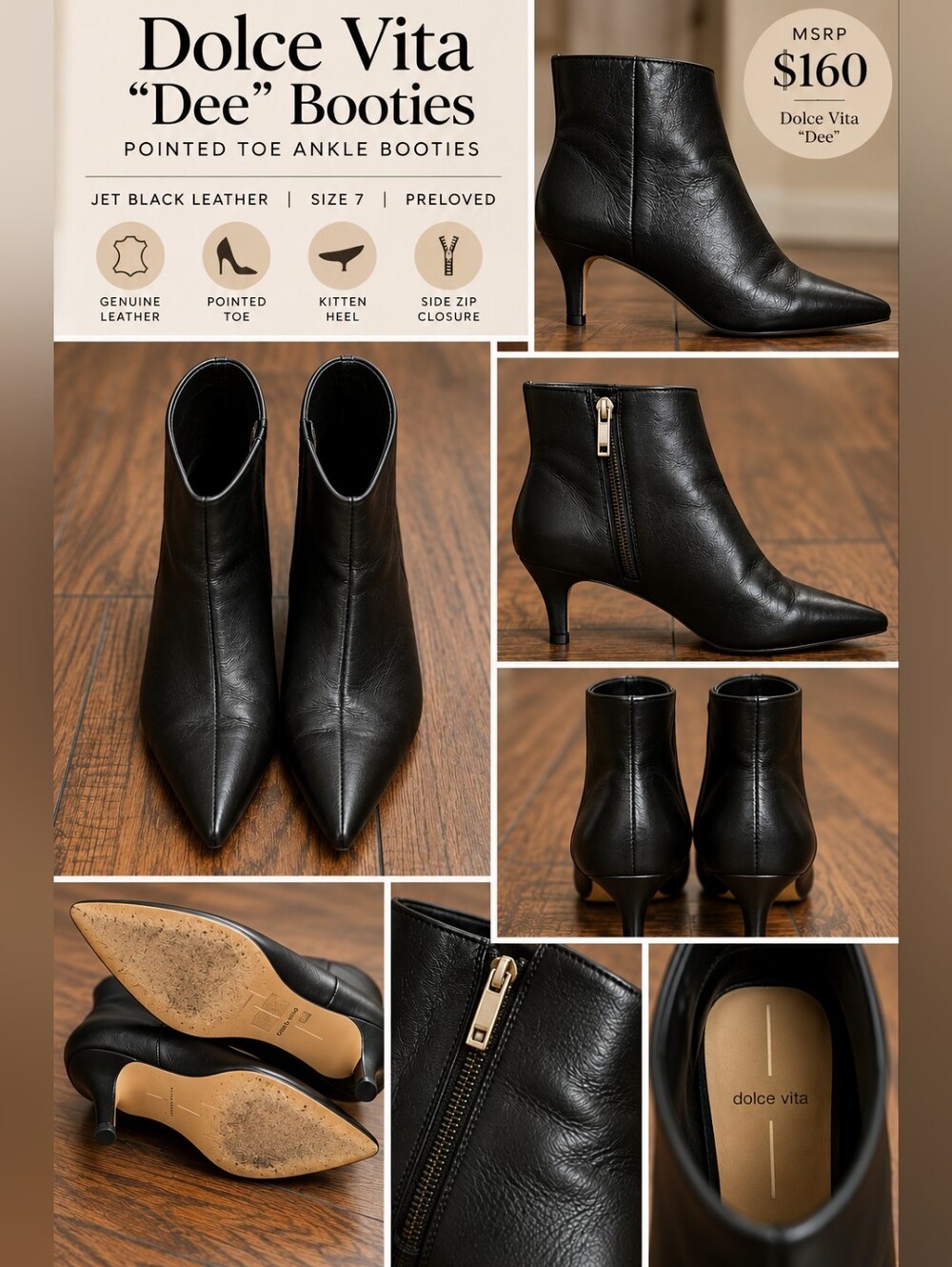 Dolce Vita Black Leather Pointed-Toe Ankle Booties with Kitten Heel -  Preloved
